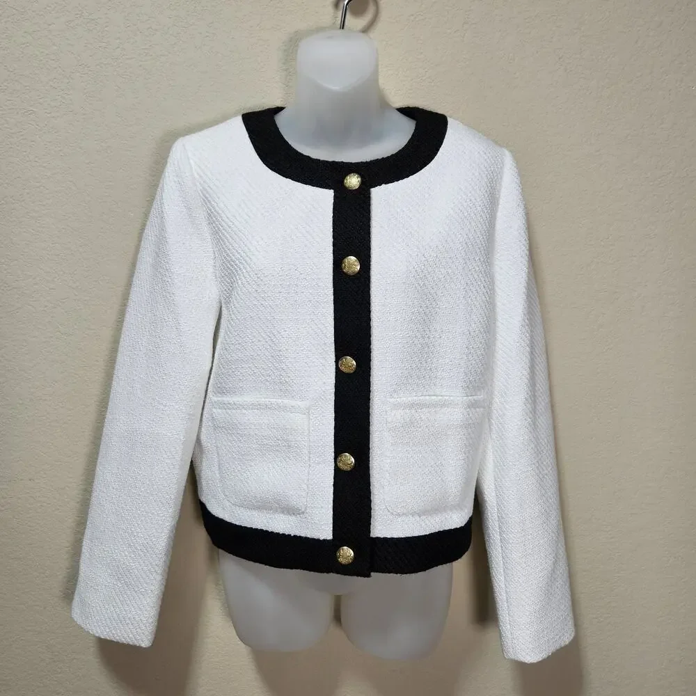 J.Crew Tweed Lady Jacket Womens 12 Black White Preppy Blazer Gold Crested Button